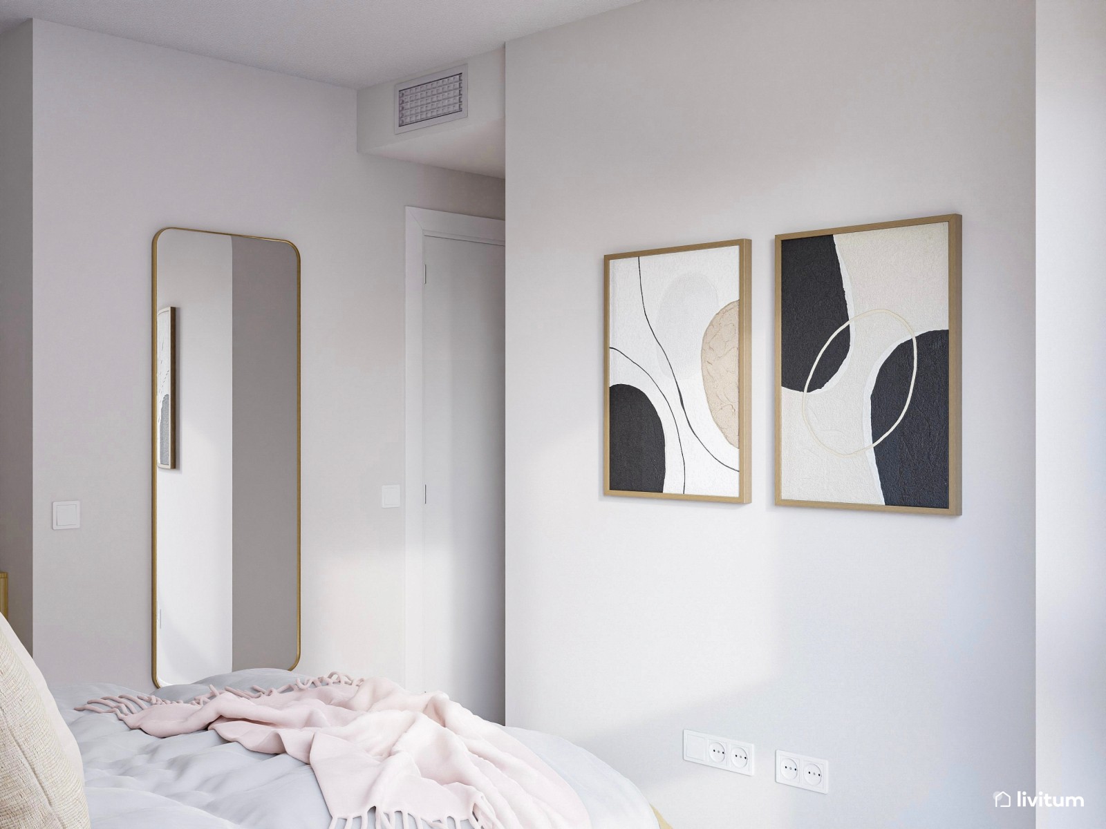 Sencillo dormitorio blanco con detalles en tonos tierra