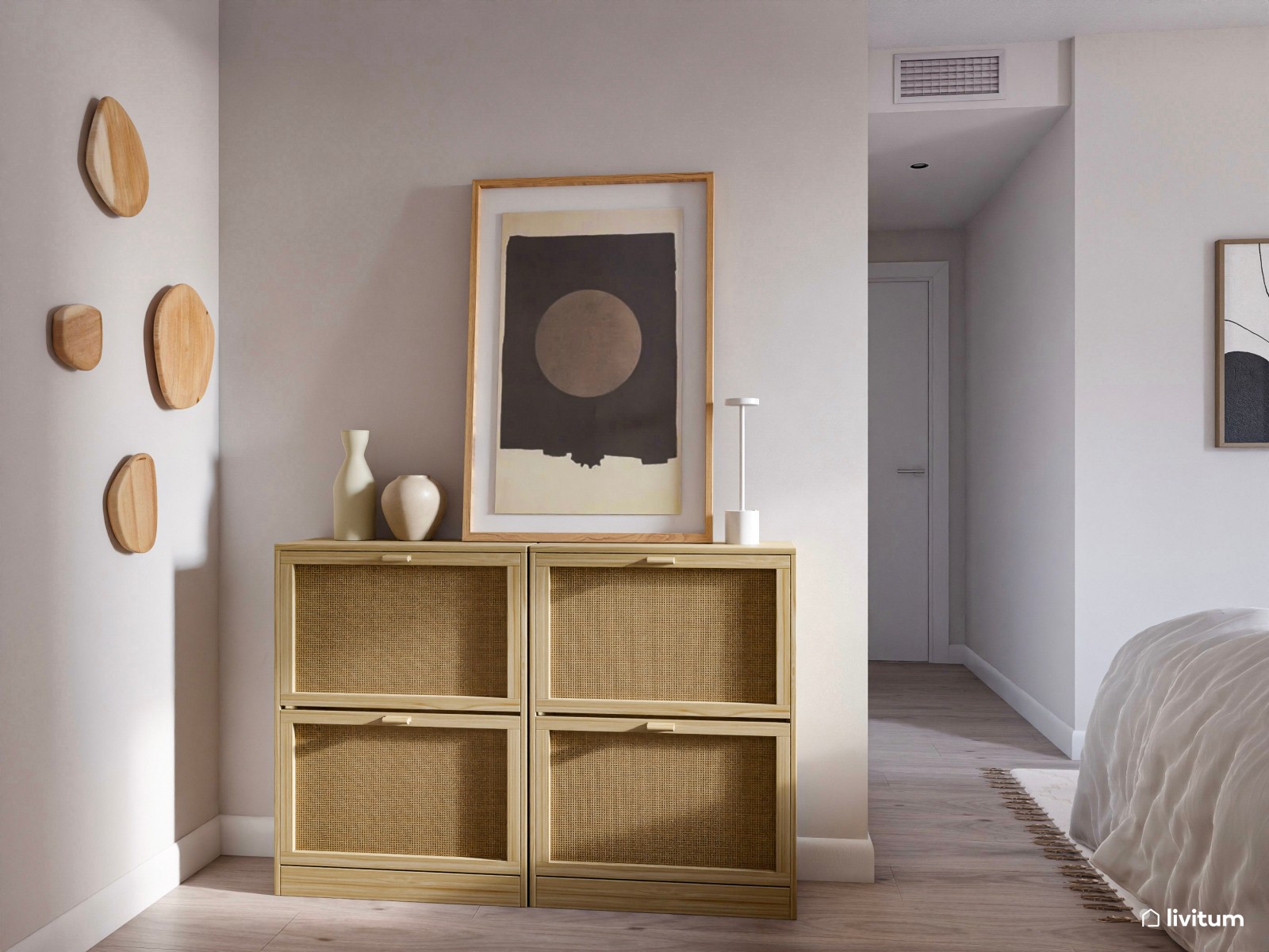 Sencillo dormitorio blanco con detalles en tonos tierra