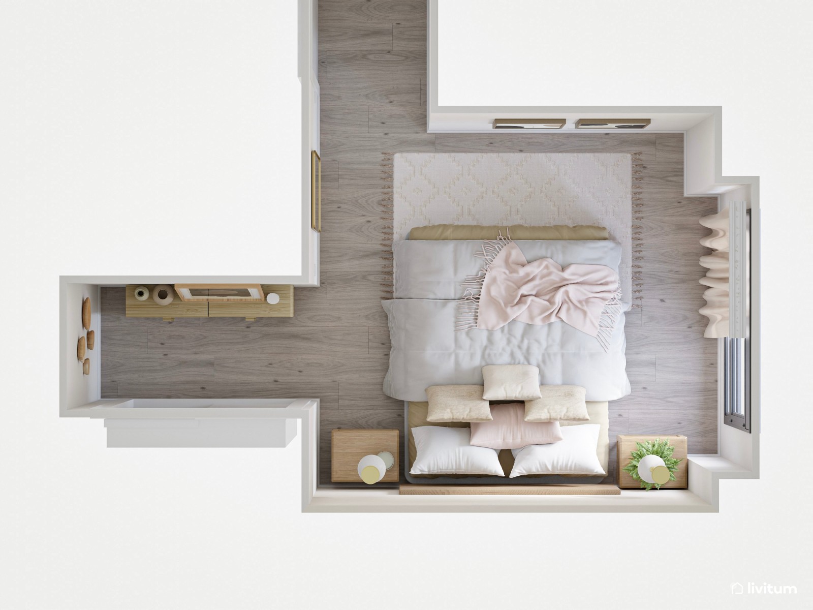 Sencillo dormitorio blanco con detalles en tonos tierra