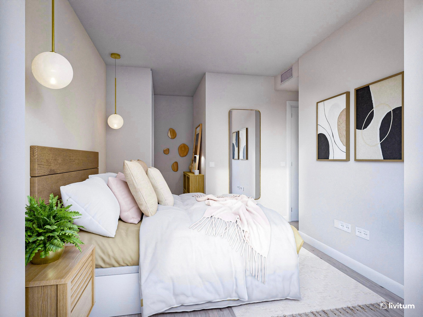 Sencillo dormitorio blanco con detalles en tonos tierra