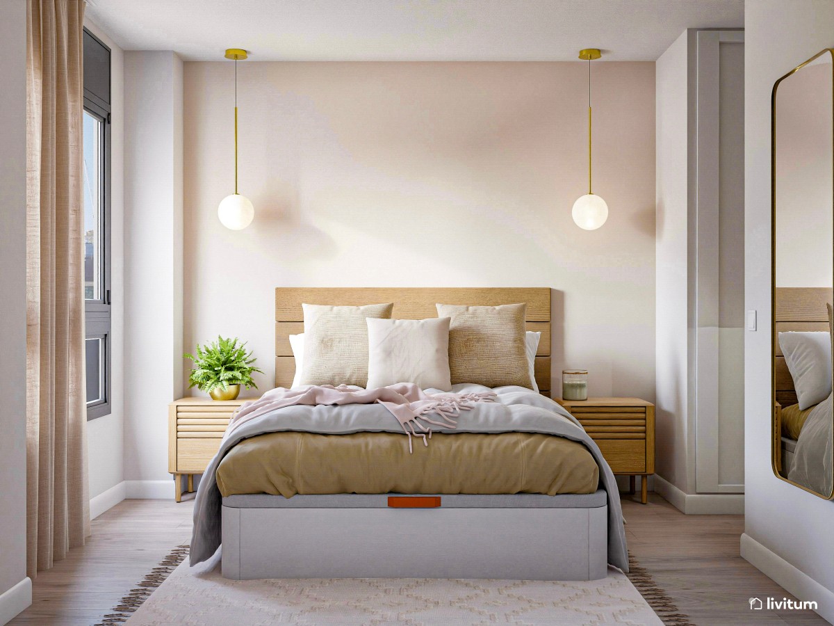 Sencillo dormitorio blanco con detalles en tonos tierra