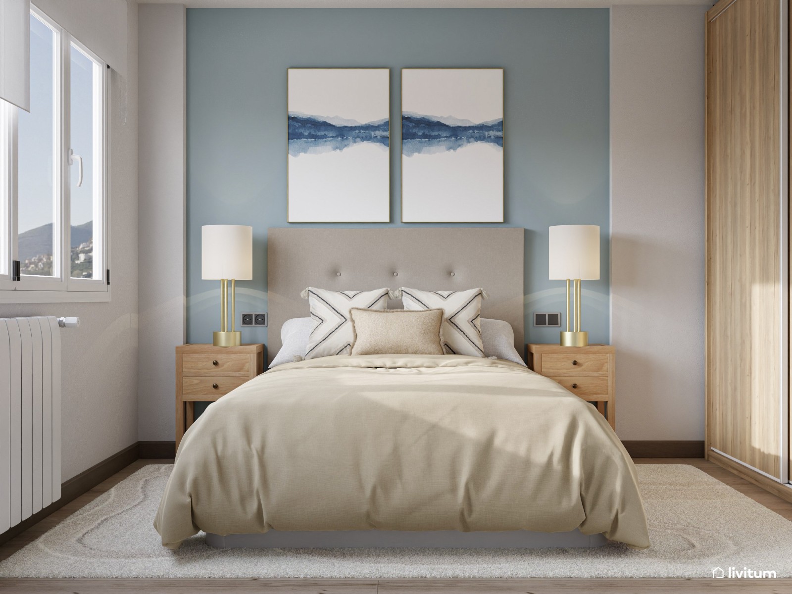 Sencillo dormitorio en tonos tierra y azul