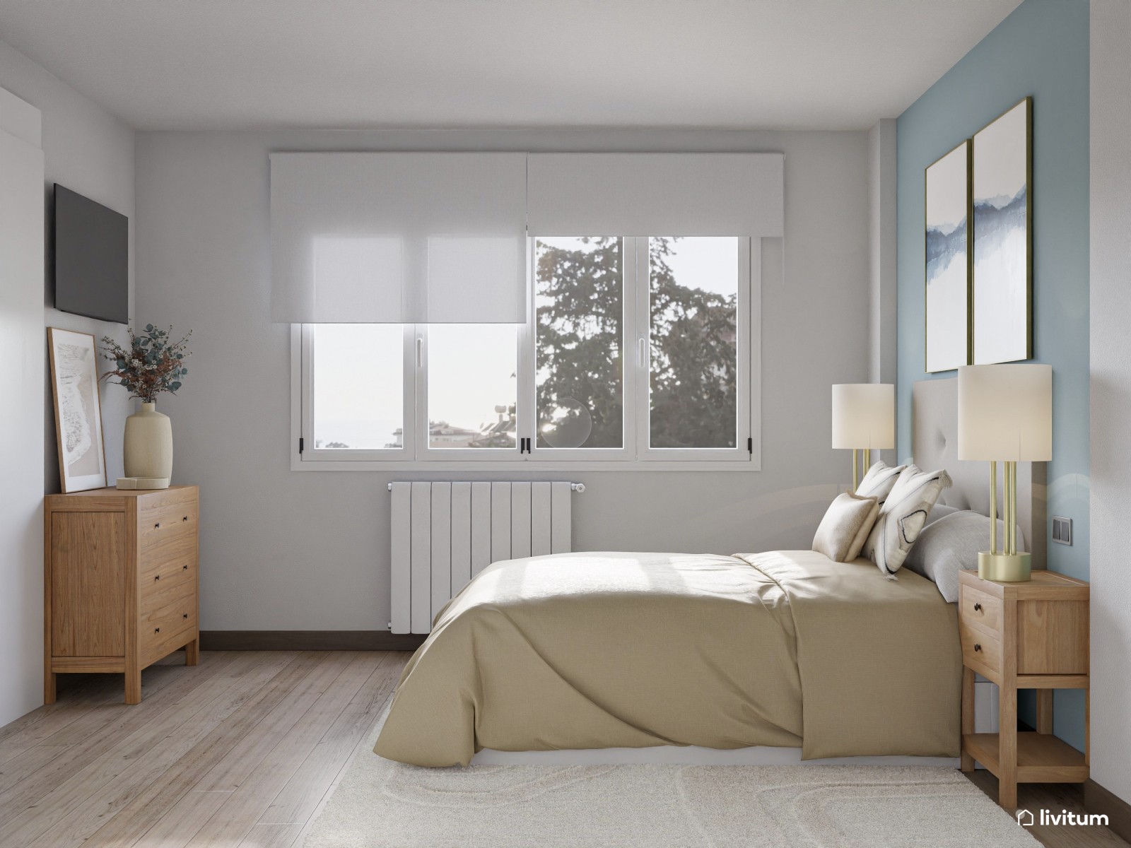 Sencillo dormitorio en tonos tierra y azul