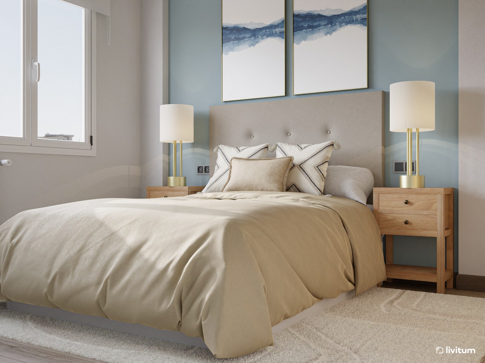 Sencillo dormitorio en tonos tierra y azul