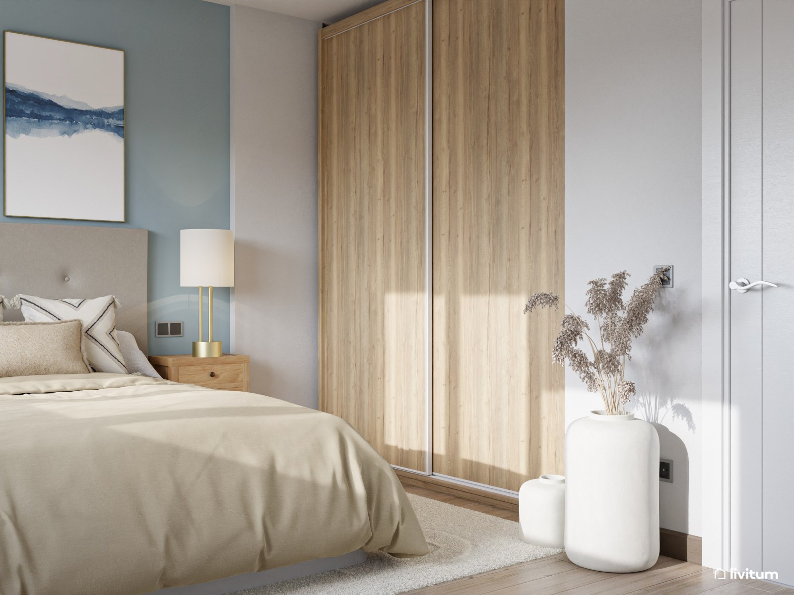 Sencillo dormitorio en tonos tierra y azul