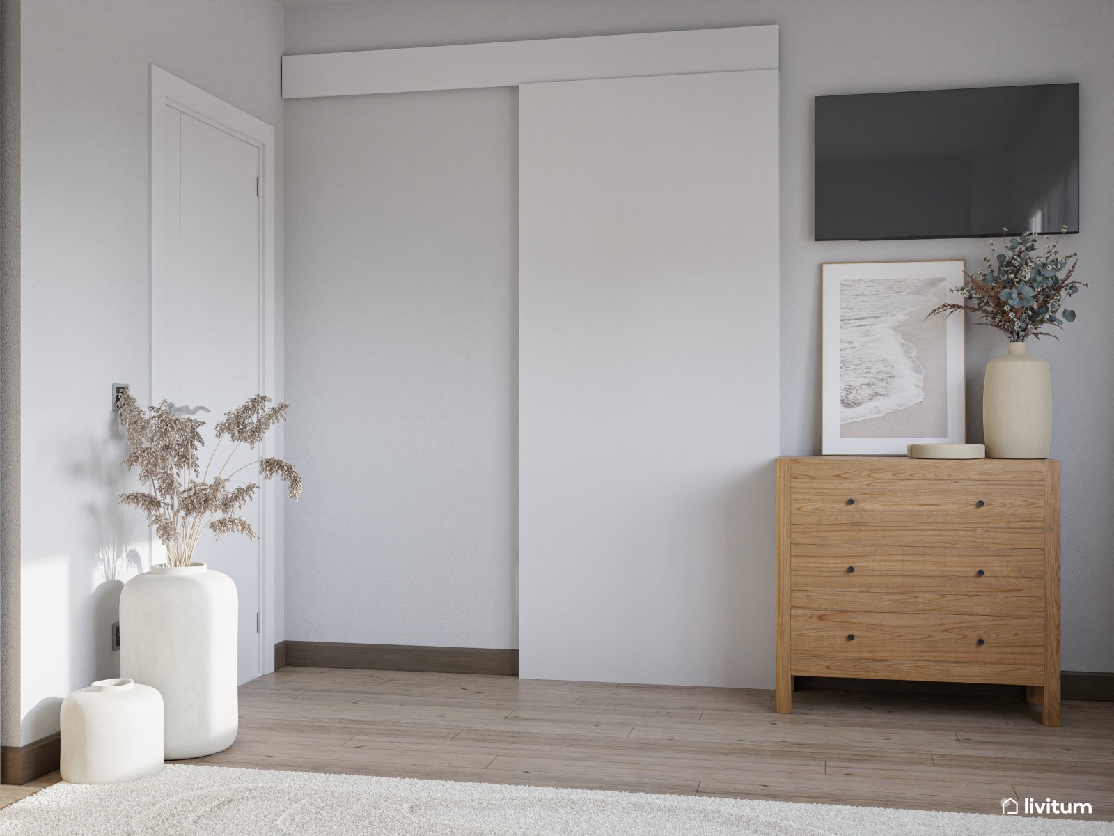 Sencillo dormitorio en tonos tierra y azul