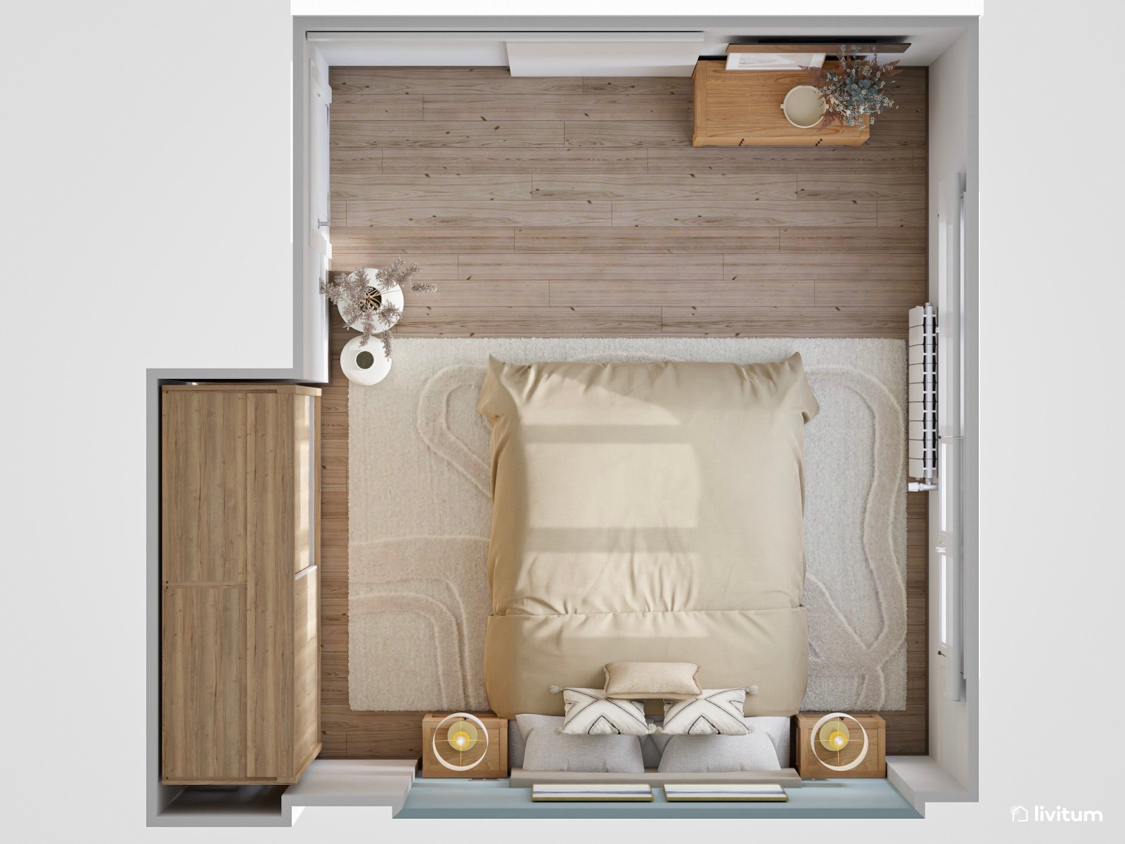 Sencillo dormitorio en tonos tierra y azul