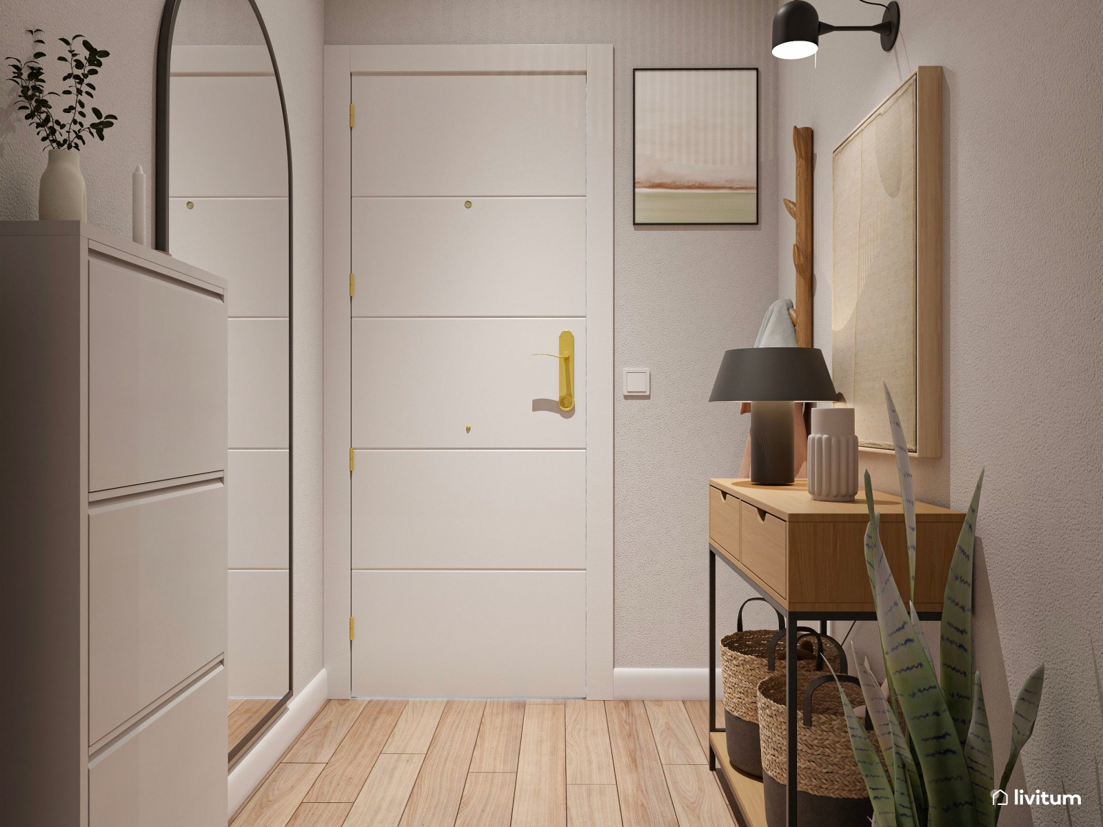 Sencillo recibidor de estilo industrial con zapatero 