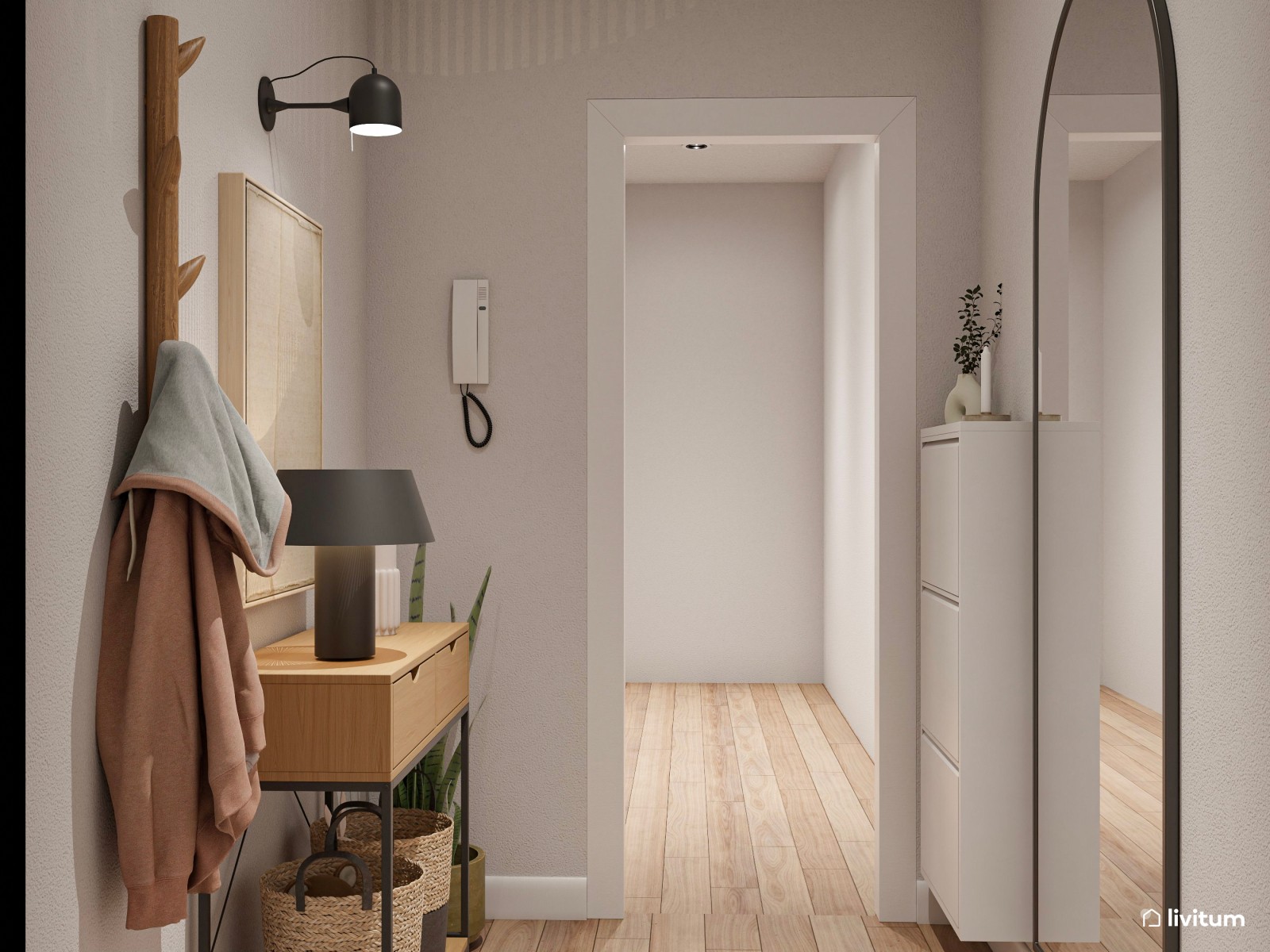 Sencillo recibidor de estilo industrial con zapatero 