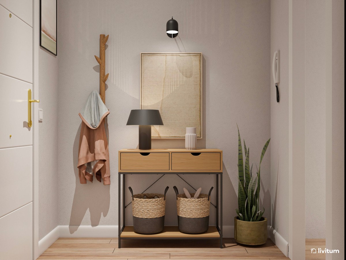 Sencillo recibidor de estilo industrial con zapatero 