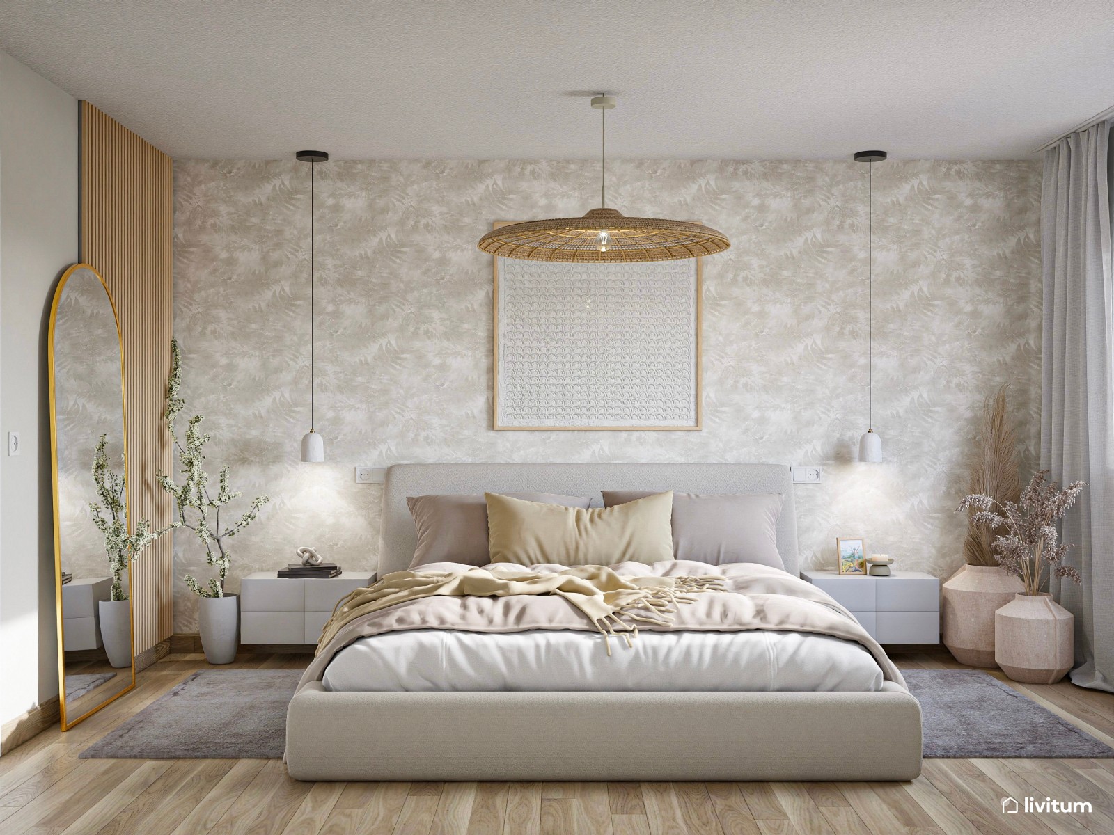 Sofisticado dormitorio beige con detalles que enamoran