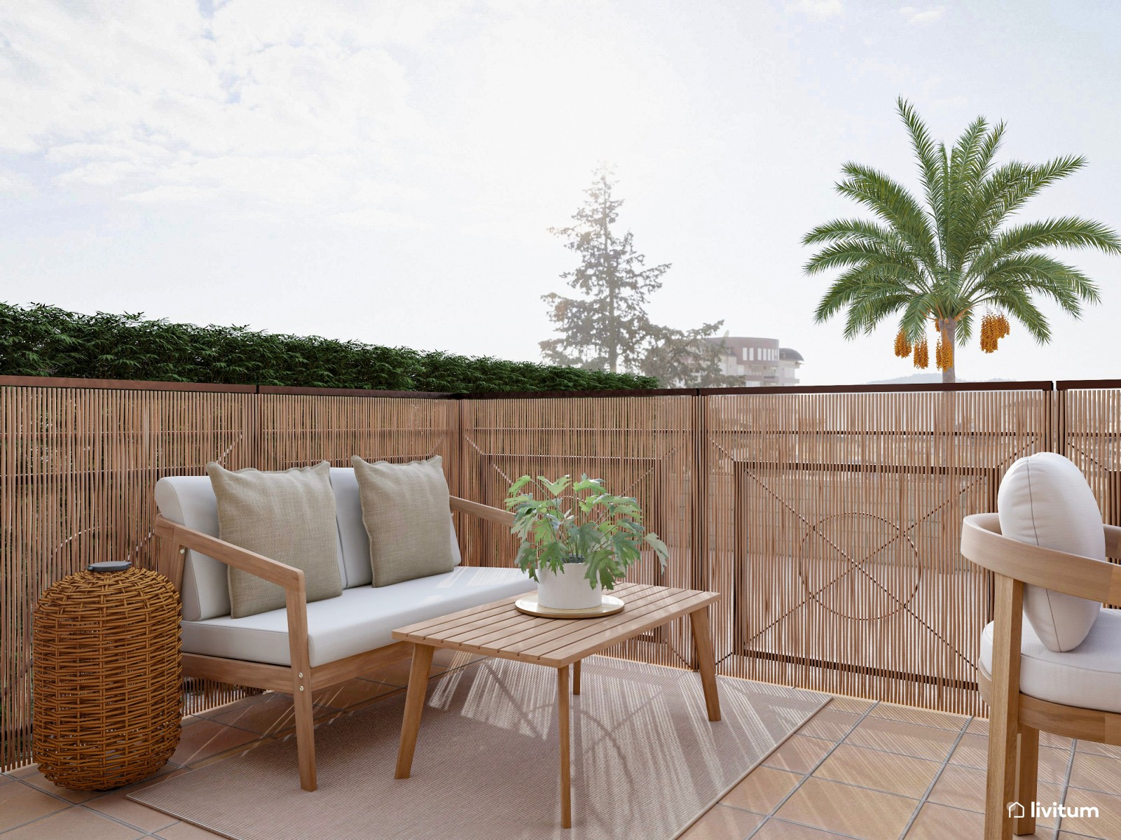 Terraza acogedora con comedor exterior de madera  