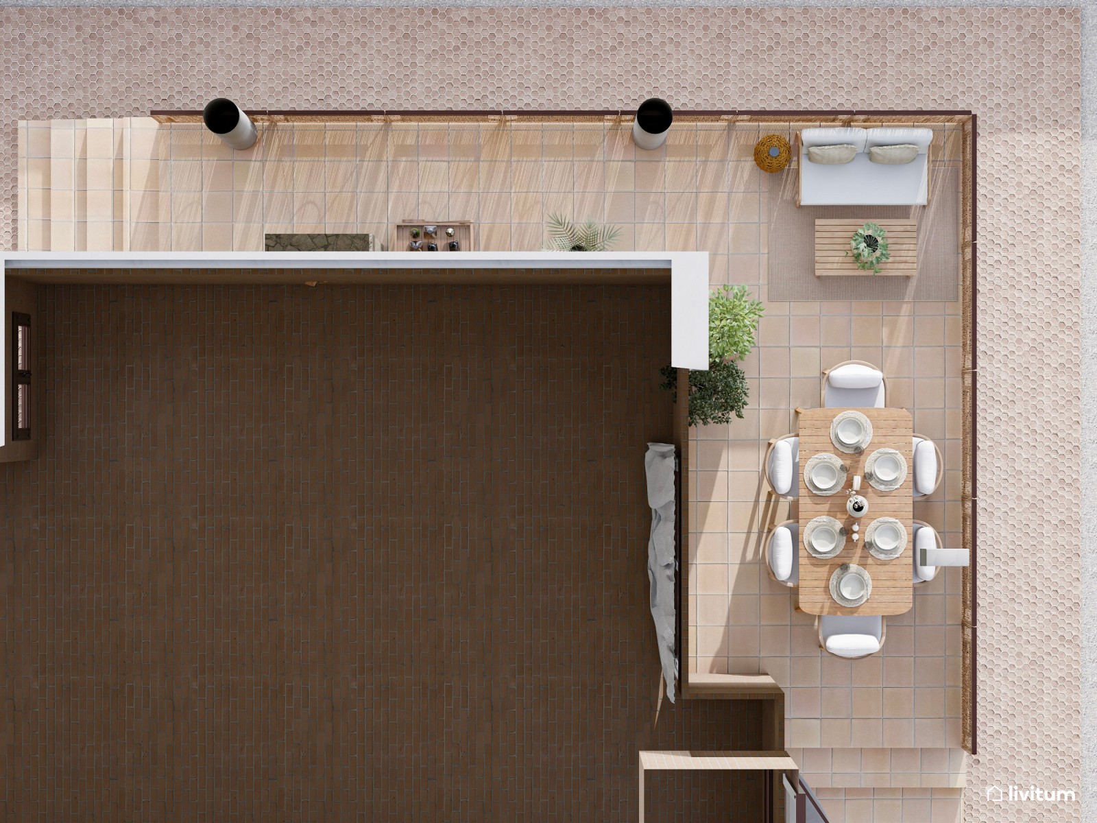 Terraza acogedora con comedor exterior de madera  