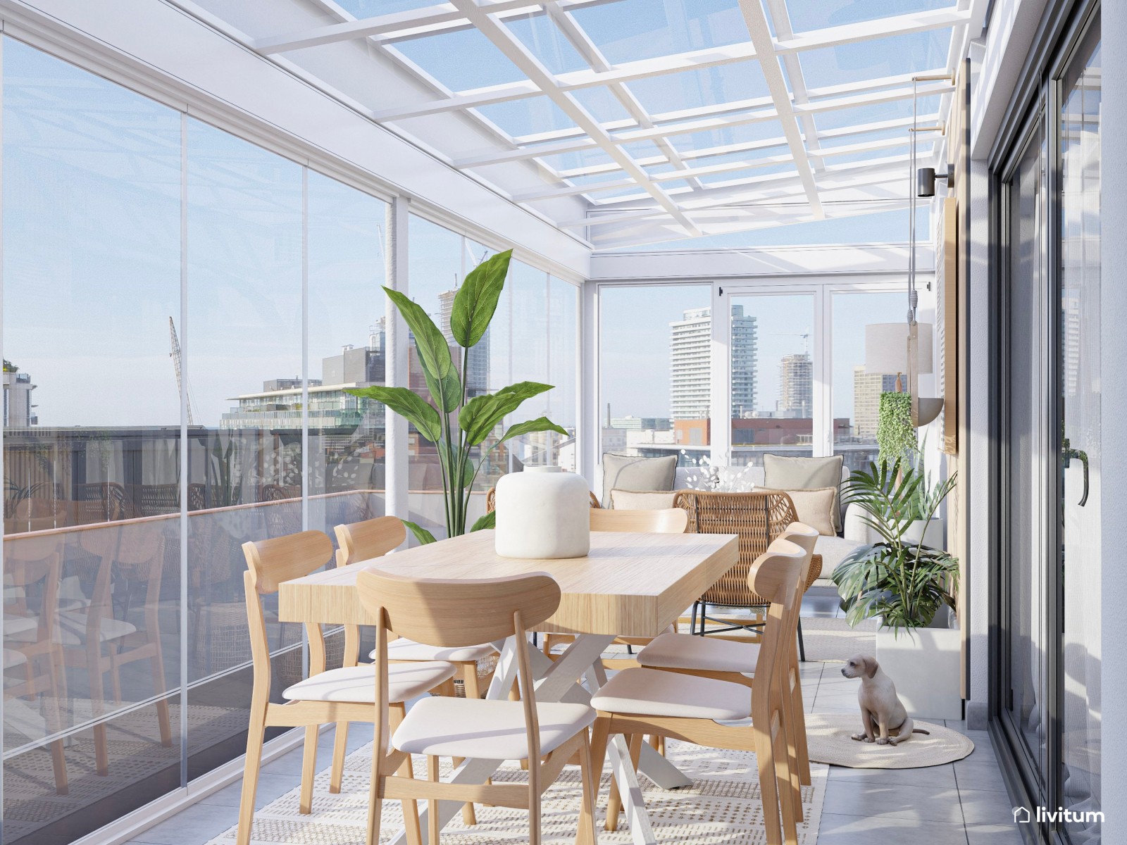 Terraza acristalada con zona de comedor y salón exterior