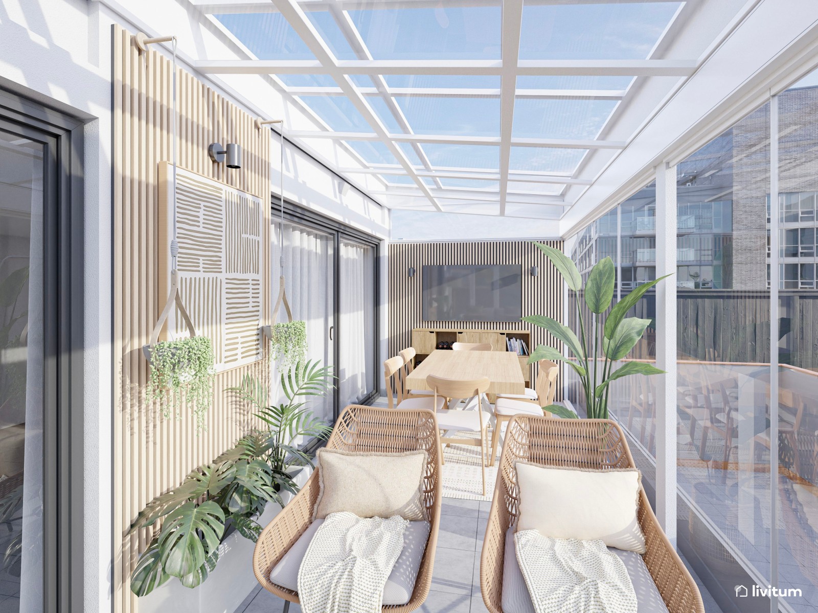 Terraza acristalada con zona de comedor y salón exterior