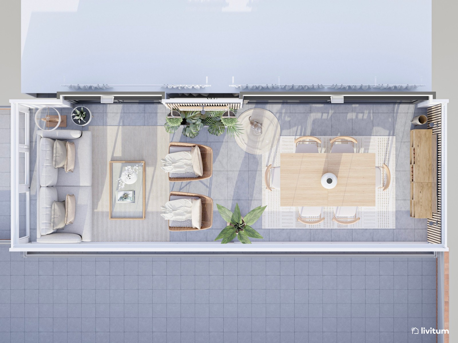 Terraza acristalada con zona de comedor y salón exterior