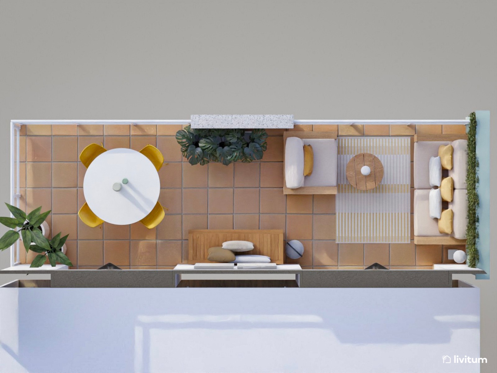 Terraza alargada con zona de comedor y salón con un toque de color