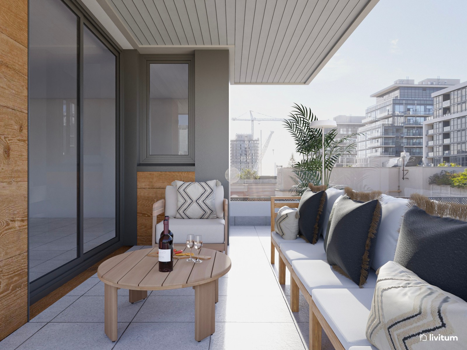 Terraza alargada y estrecha con elegantes sofás en madera y tonos beige 