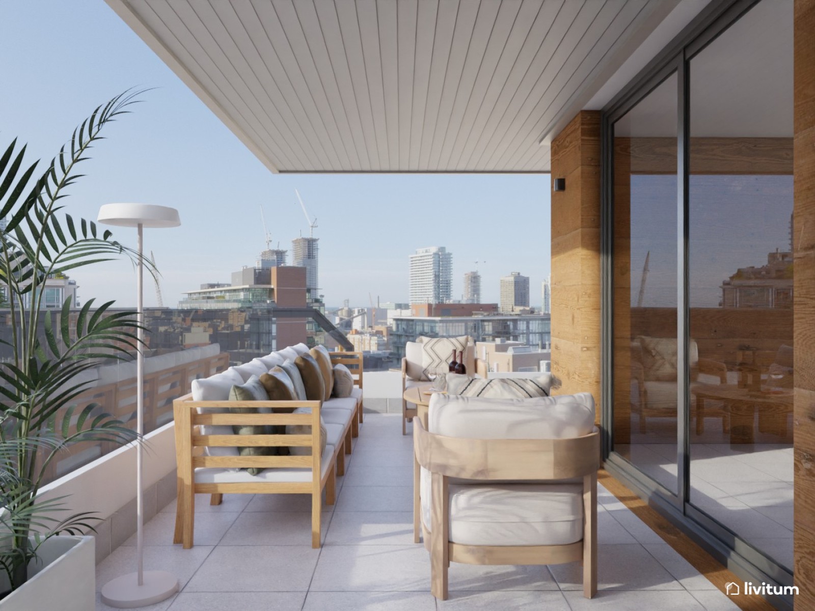 Terraza alargada y estrecha con elegantes sofás en madera y tonos beige 