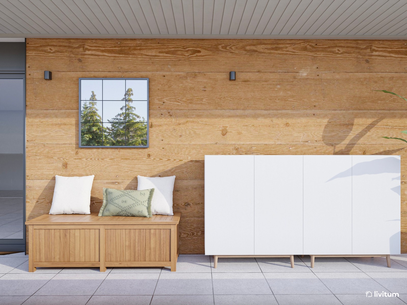 Terraza alargada y estrecha con elegantes sofás en madera y tonos beige 