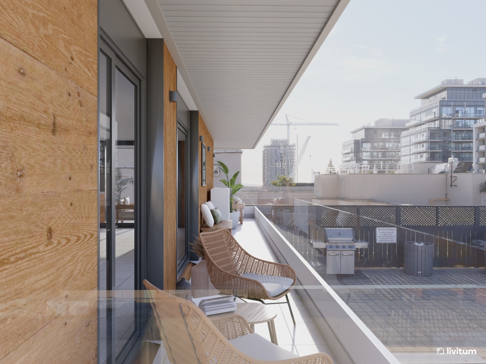 Terraza alargada y estrecha con elegantes sofás en madera y tonos beige 