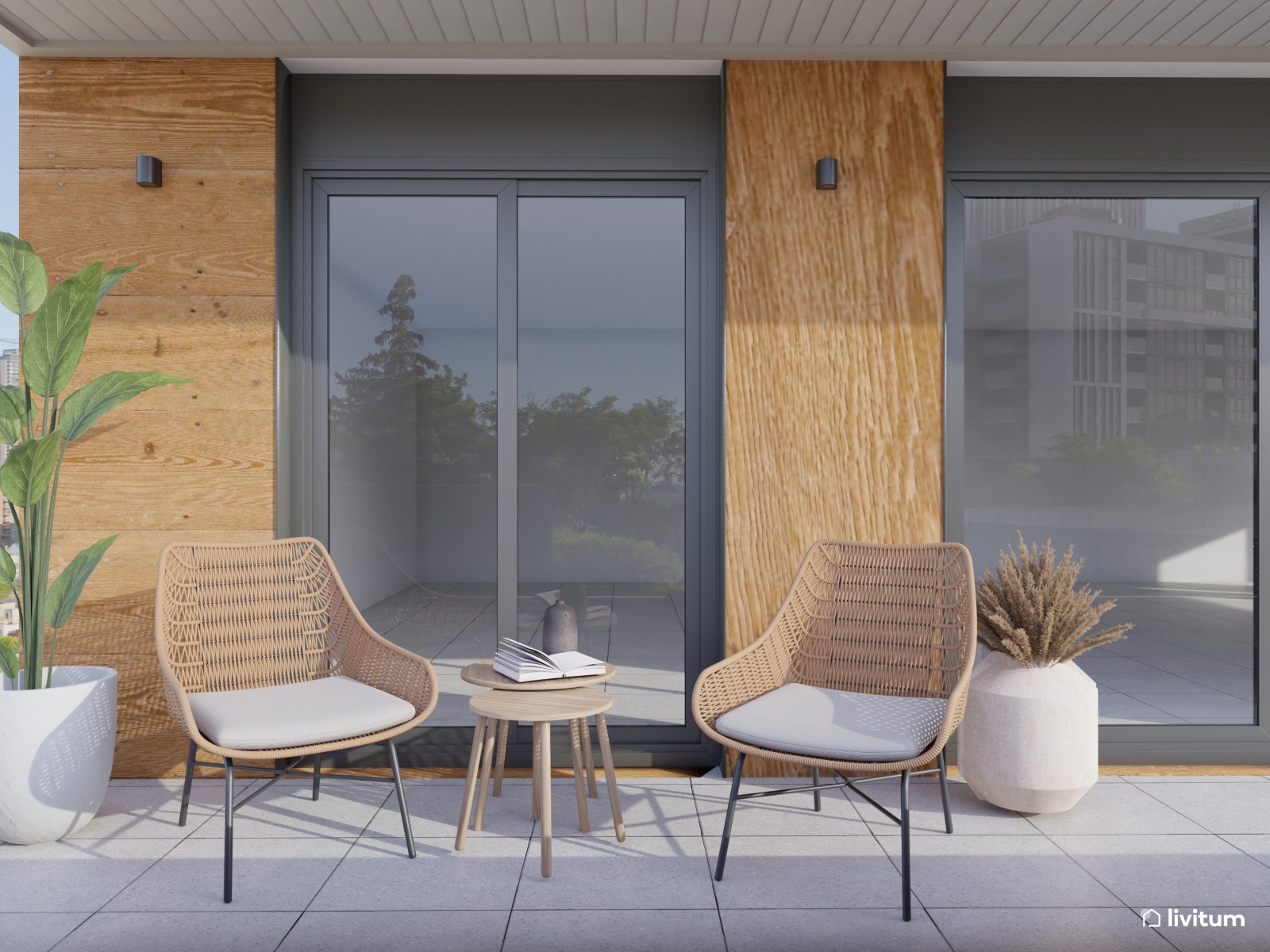 Terraza alargada y estrecha con elegantes sofás en madera y tonos beige 