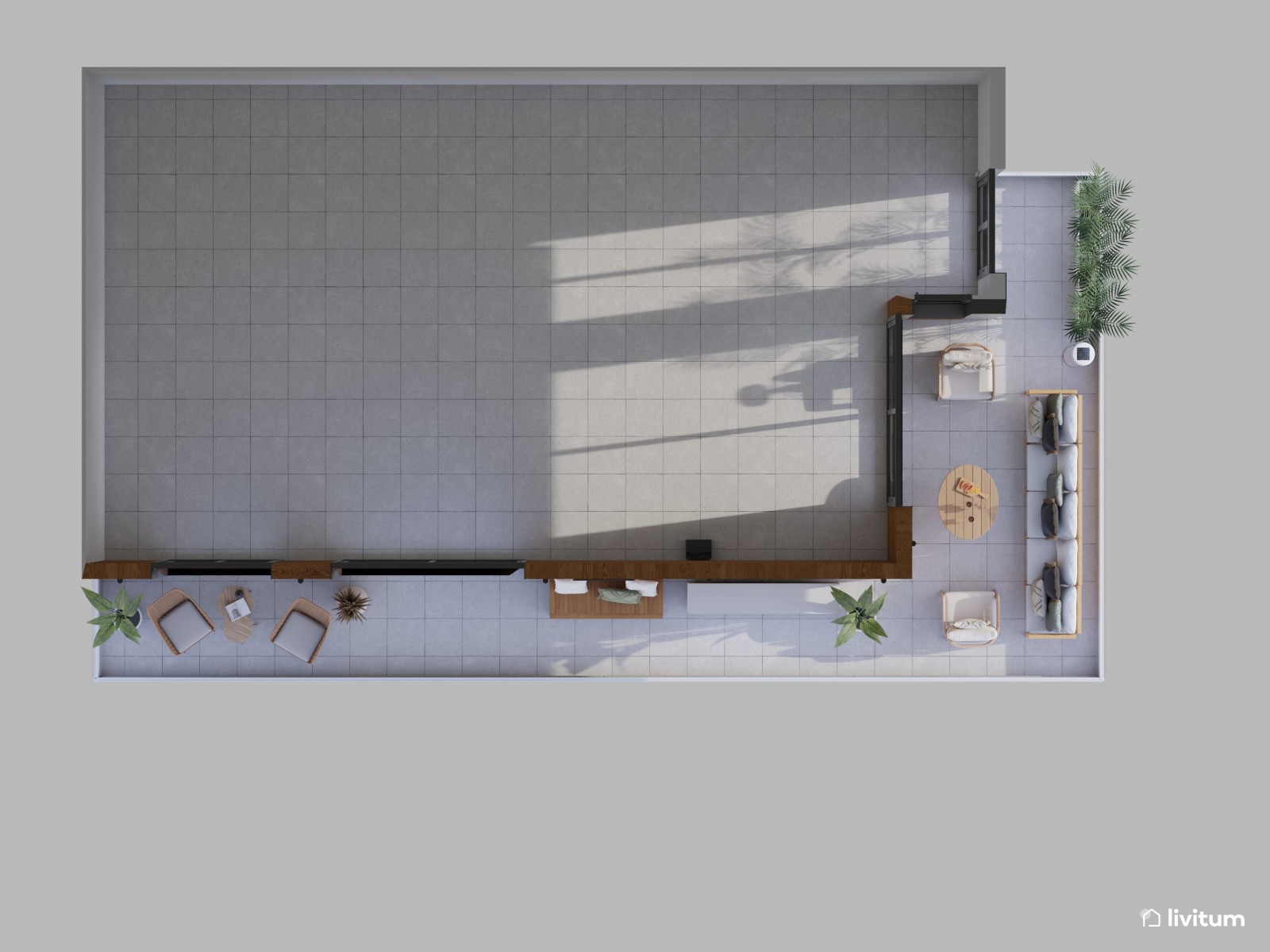 Terraza alargada y estrecha con elegantes sofás en madera y tonos beige 