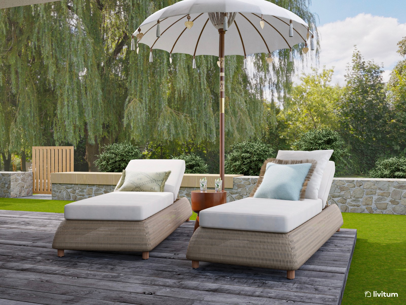 Terraza bohemia con muebles de ratán y cómodas tumbonas 