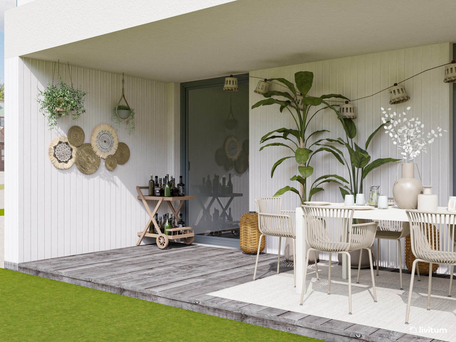 Terraza bohemia con muebles de ratán y cómodas tumbonas 