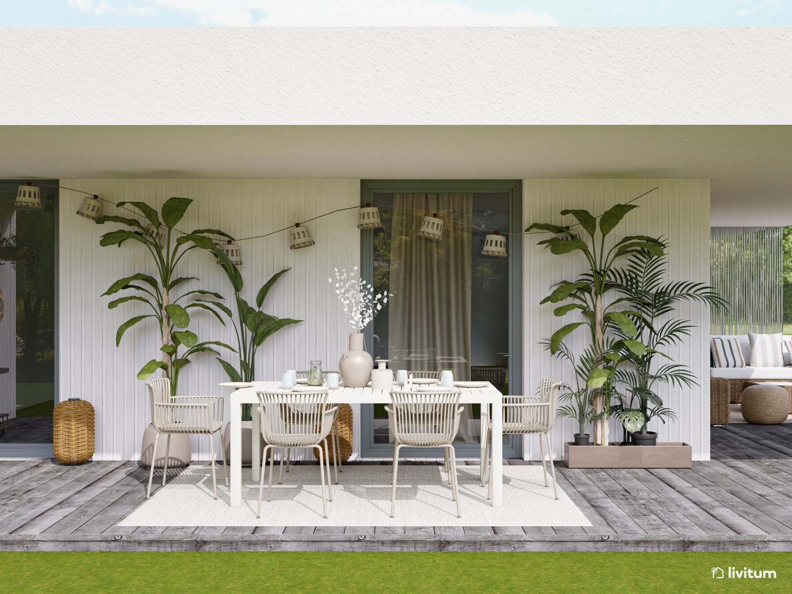 Terraza bohemia con muebles de ratán y cómodas tumbonas 