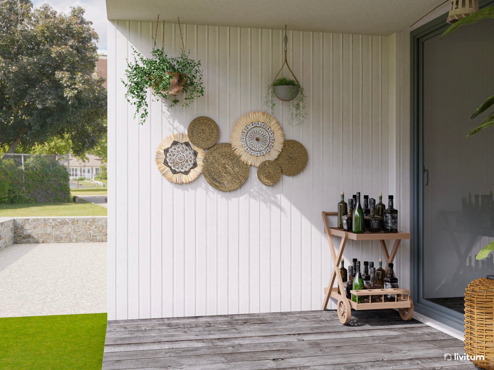 Terraza bohemia con muebles de ratán y cómodas tumbonas 