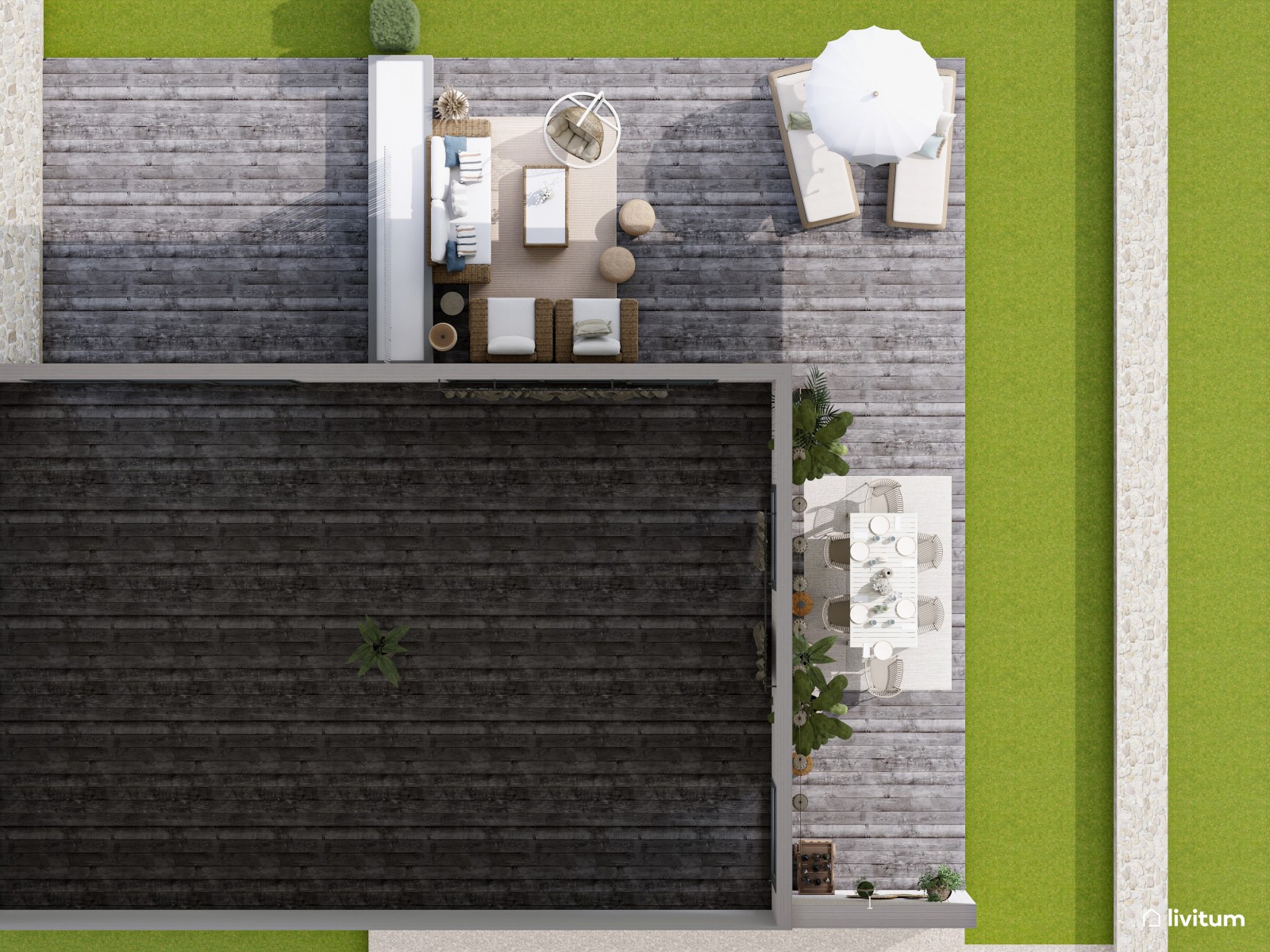 Terraza bohemia con muebles de ratán y cómodas tumbonas 