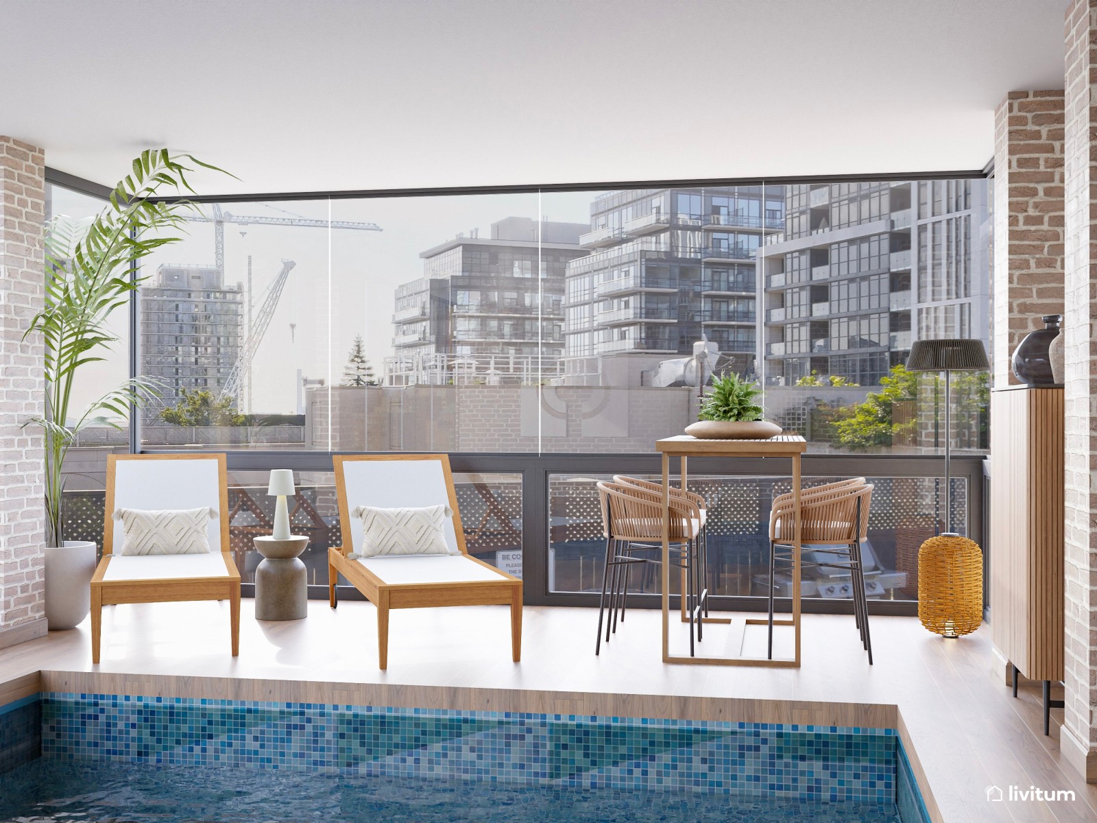 Terraza bohemia e industrial con cerramientos acristalados