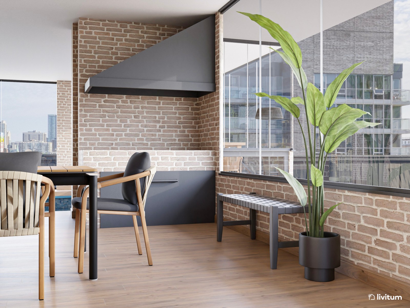 Terraza bohemia e industrial con cerramientos acristalados