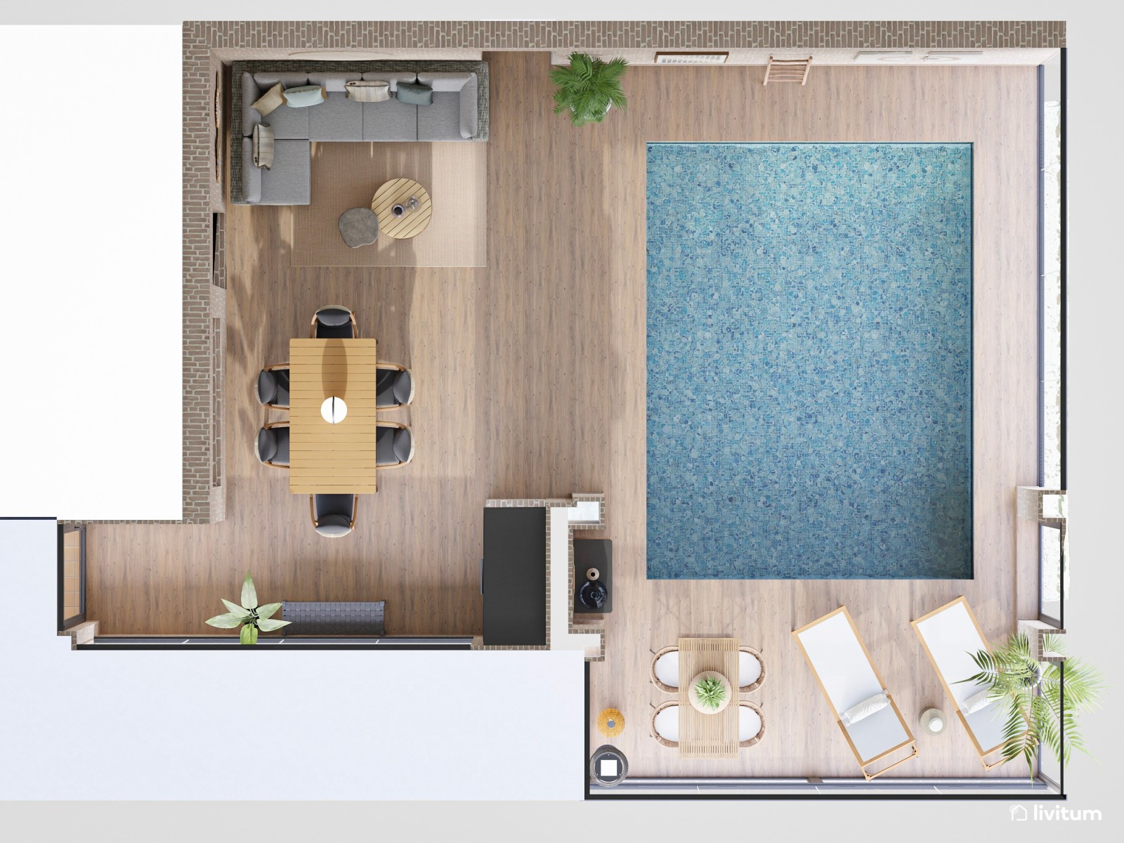 Terraza bohemia e industrial con cerramientos acristalados