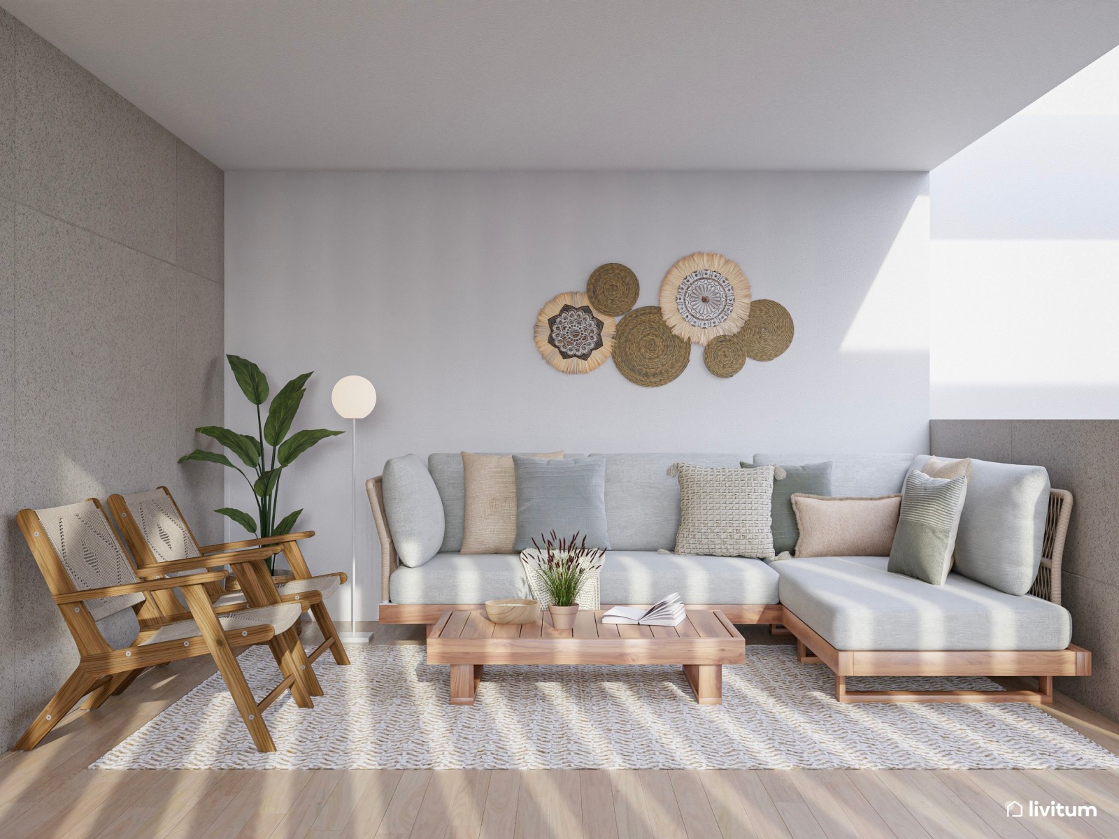 Terraza bohemia y nórdica con sofá rinconero y jardín vertical