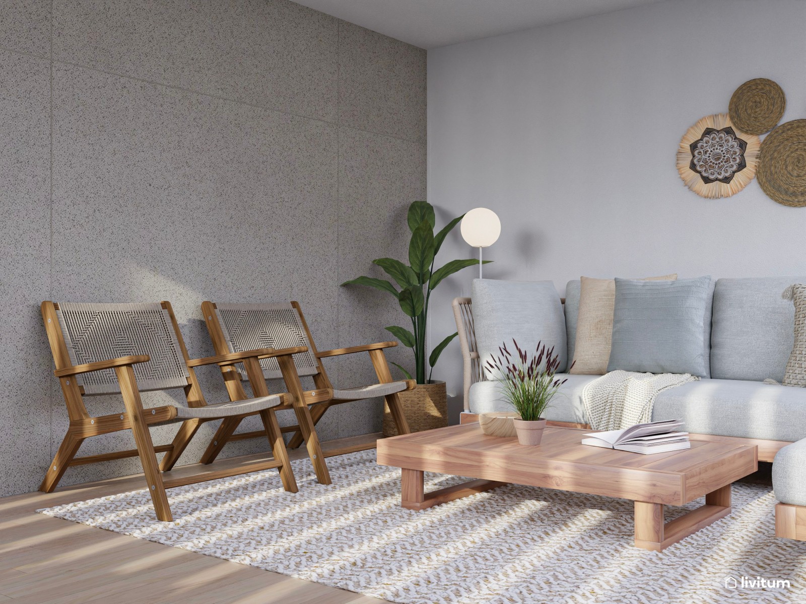 Terraza bohemia y nórdica con sofá rinconero y jardín vertical