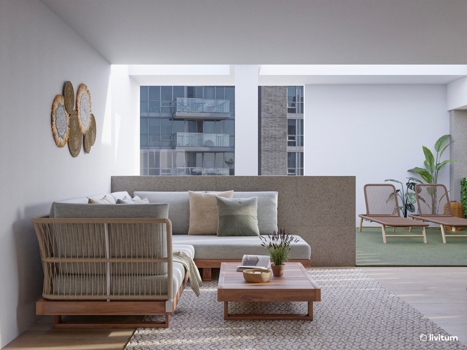 Terraza bohemia y nórdica con sofá rinconero y jardín vertical