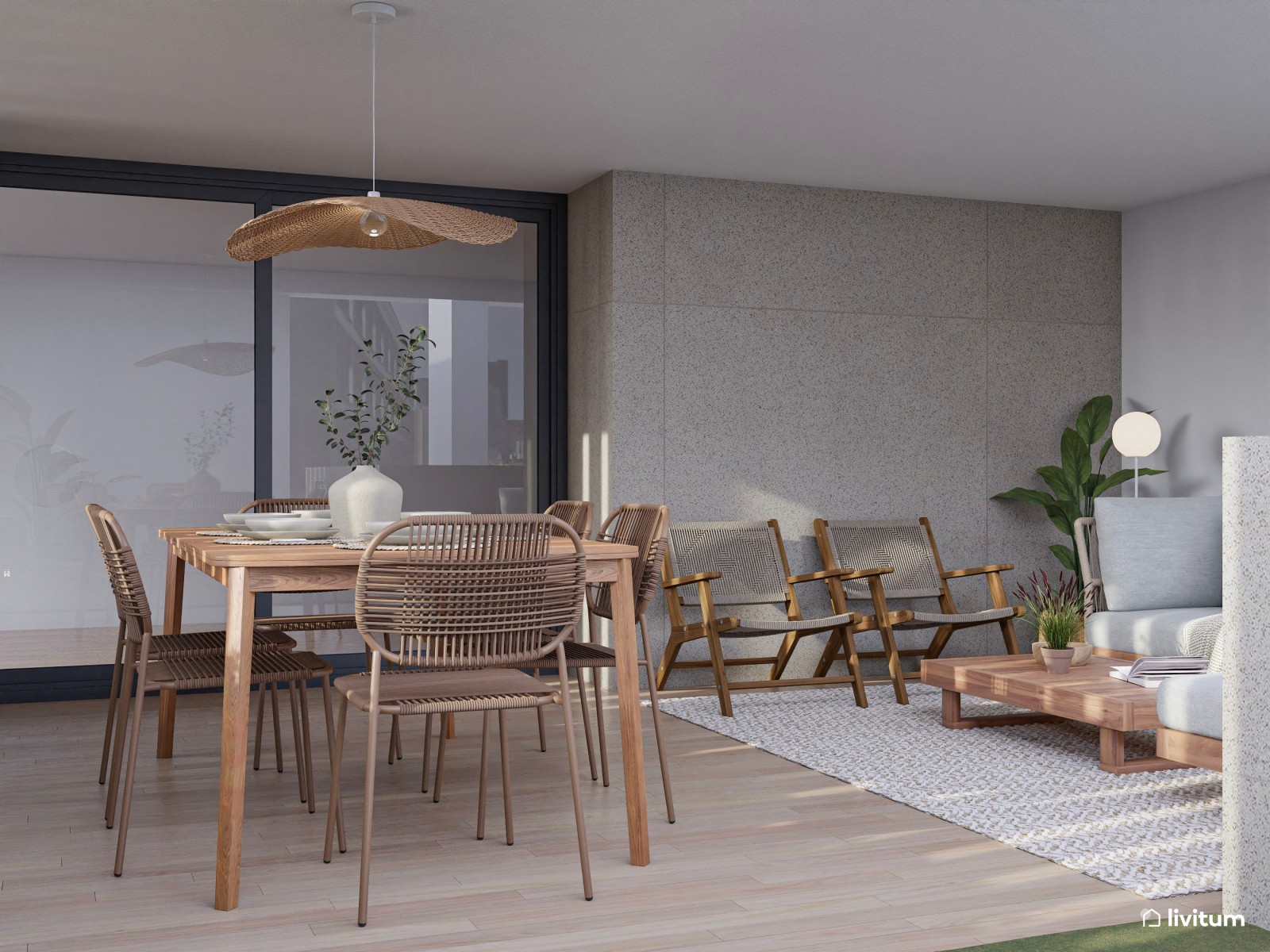 Terraza bohemia y nórdica con sofá rinconero y jardín vertical