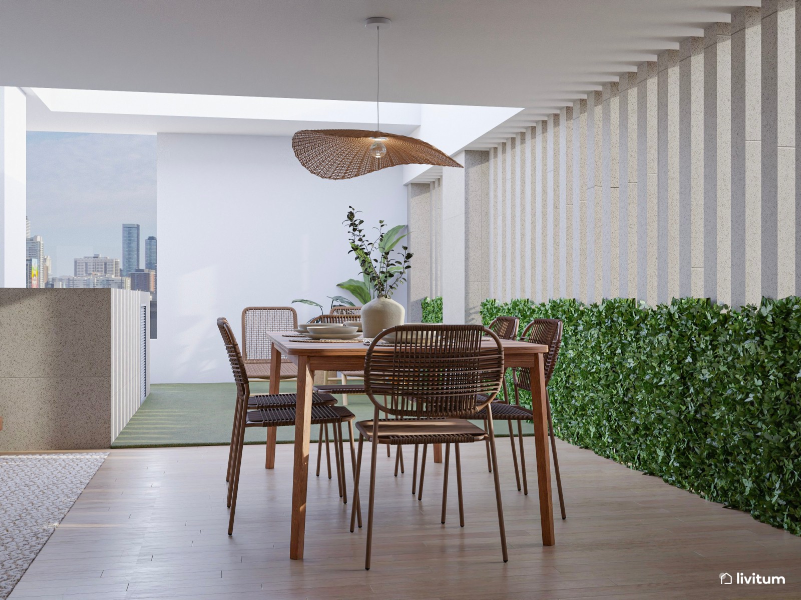 Terraza bohemia y nórdica con sofá rinconero y jardín vertical