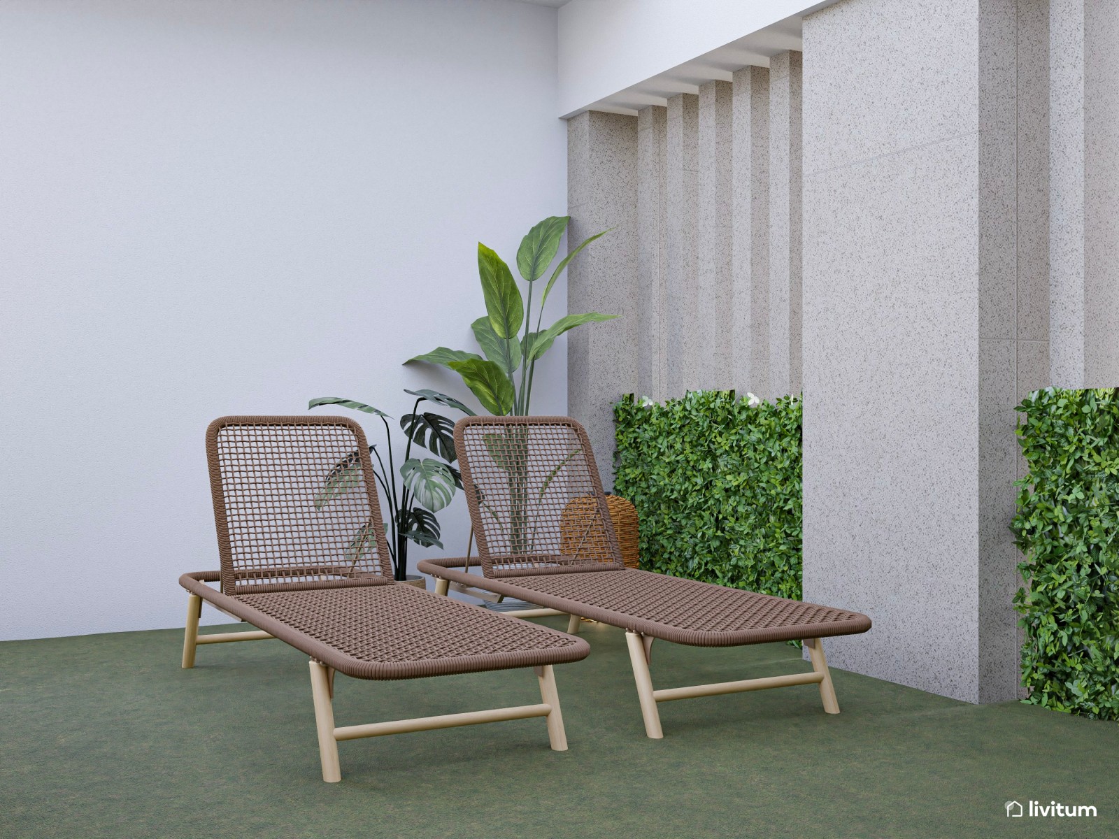 Terraza bohemia y nórdica con sofá rinconero y jardín vertical