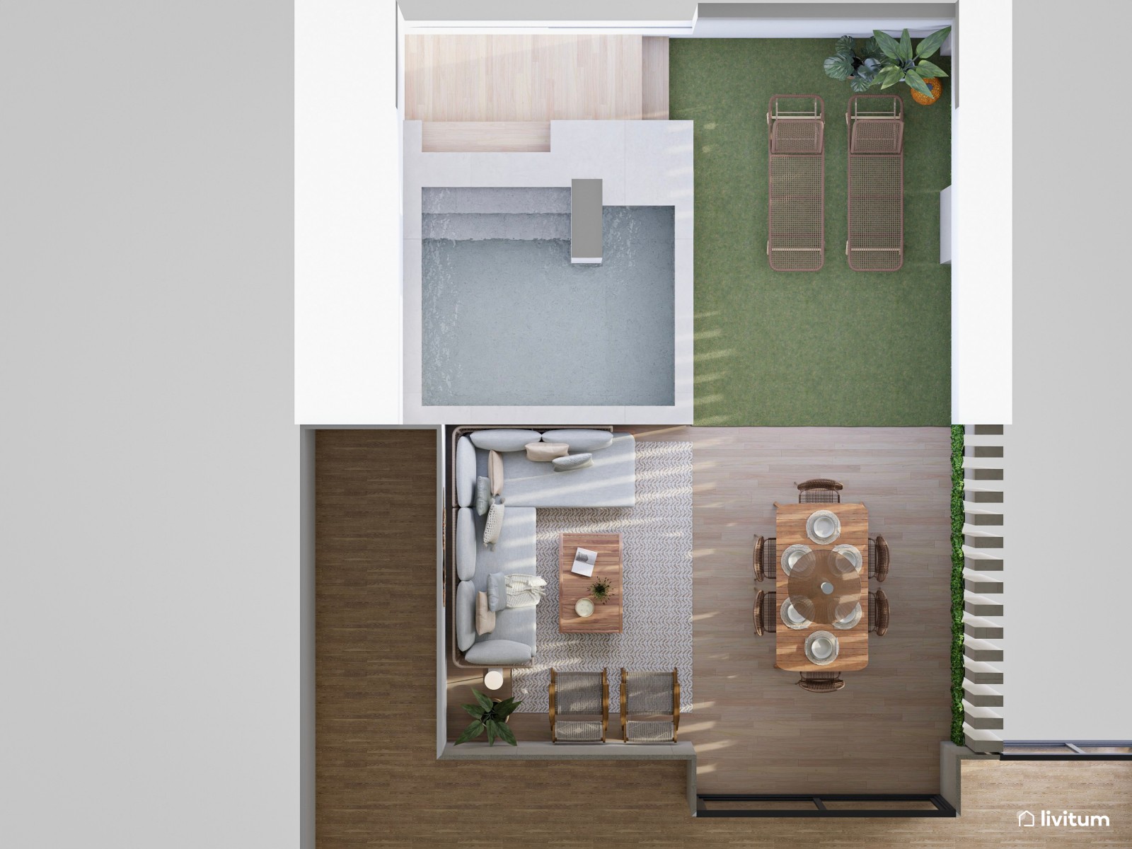 Terraza bohemia y nórdica con sofá rinconero y jardín vertical