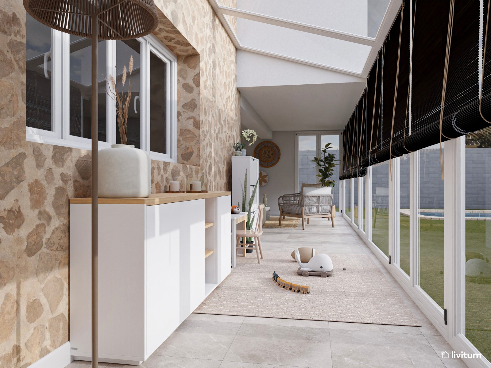 Terraza boho chic con ventanales y práctico cerramiento