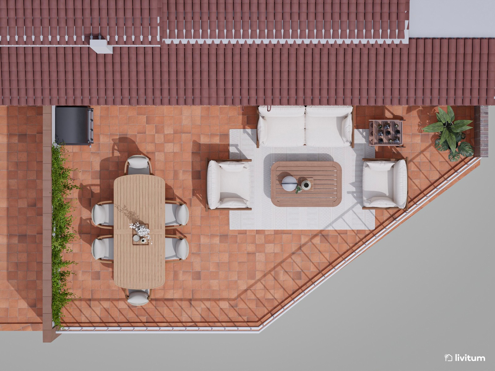 Terraza cómoda con chill out y comedor exterior