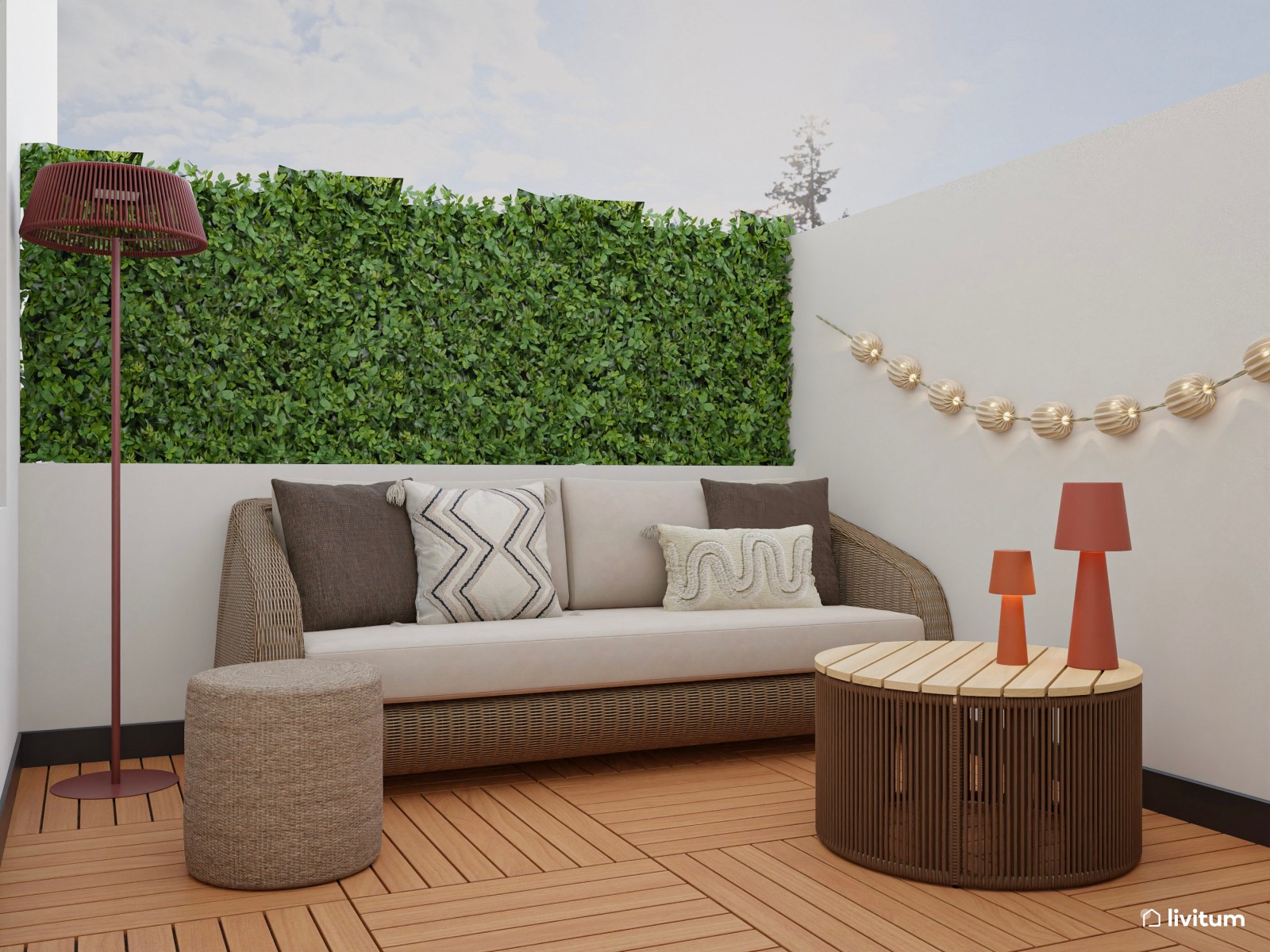 Terraza con acogedor salón exterior y jardín vertical