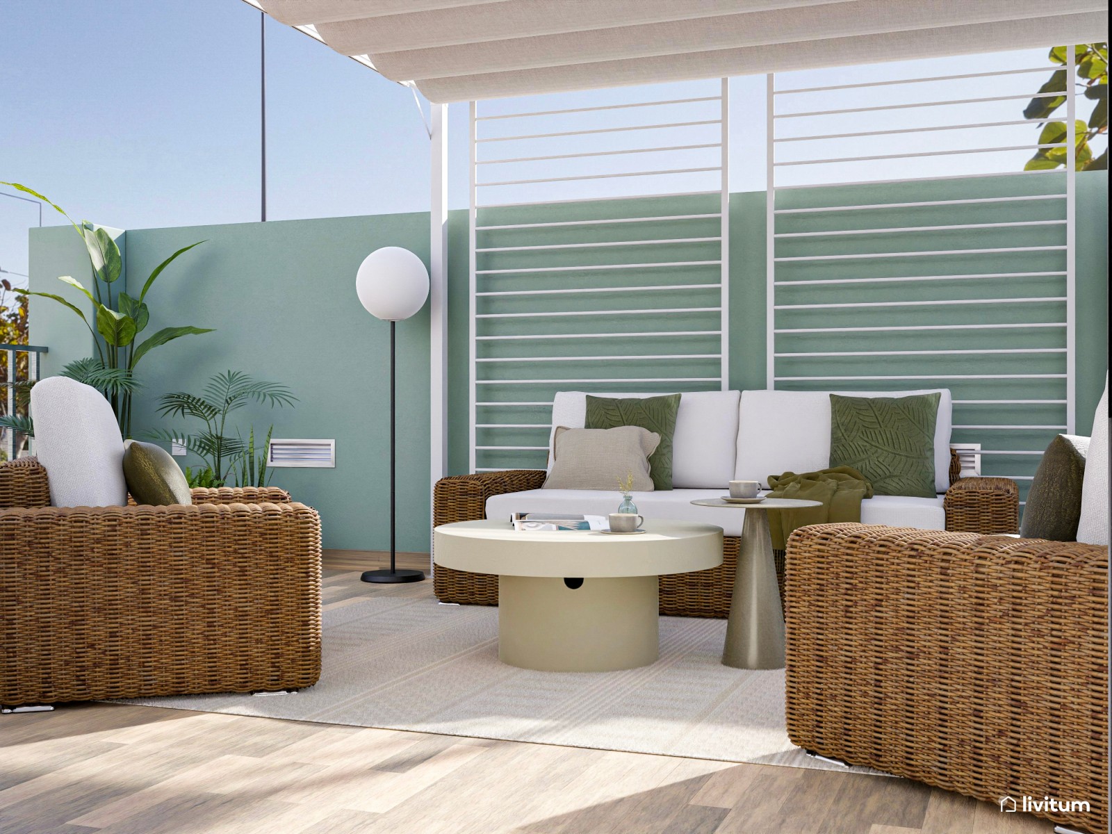 Terraza con amplia zona de descanso y pérgola