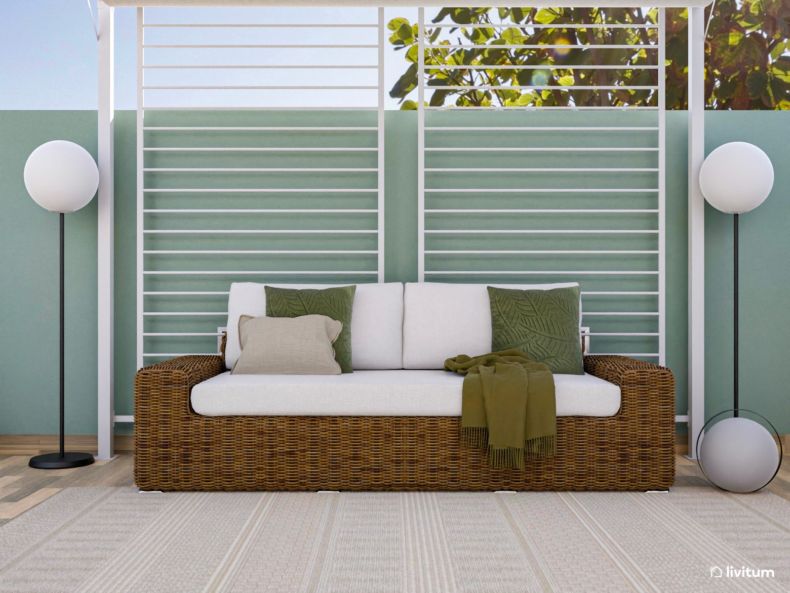 Terraza con amplia zona de descanso y pérgola
