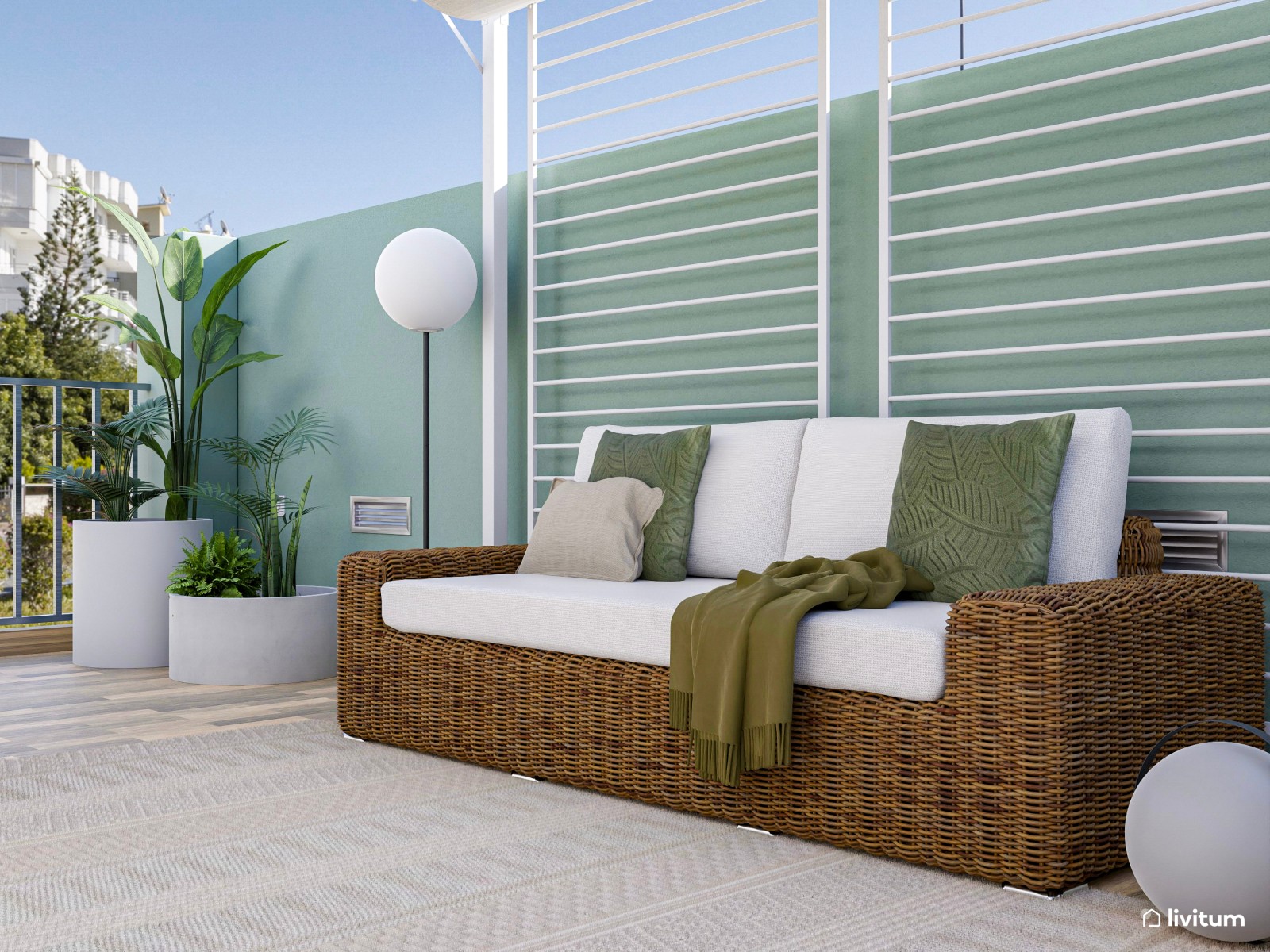 Terraza con amplia zona de descanso y pérgola