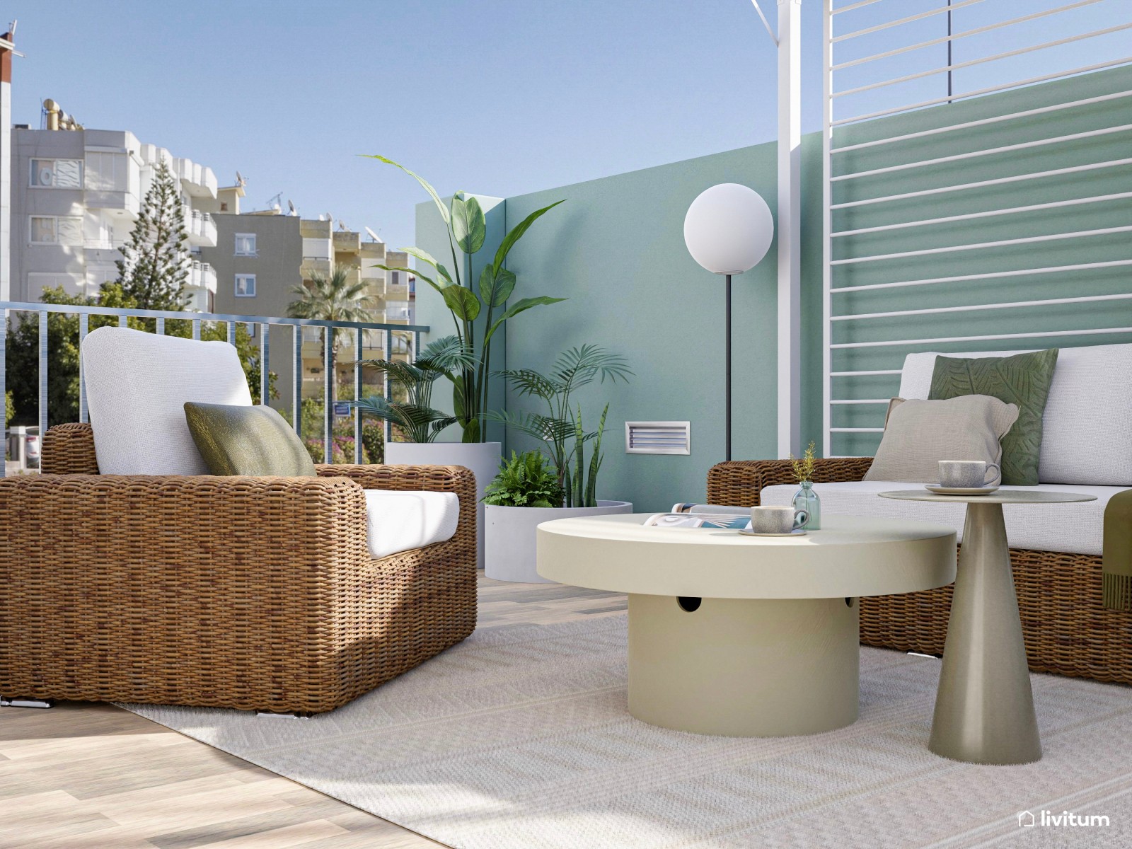 Terraza con amplia zona de descanso y pérgola