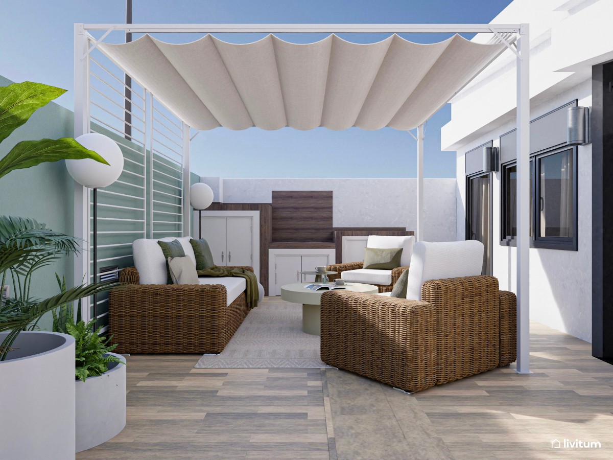 Terraza con amplia zona de descanso y pérgola